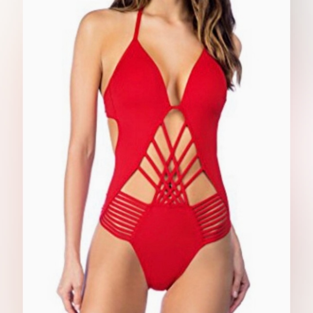 NWT Kenneth Cole Strappy Cut Out Halter Swimsuit Small